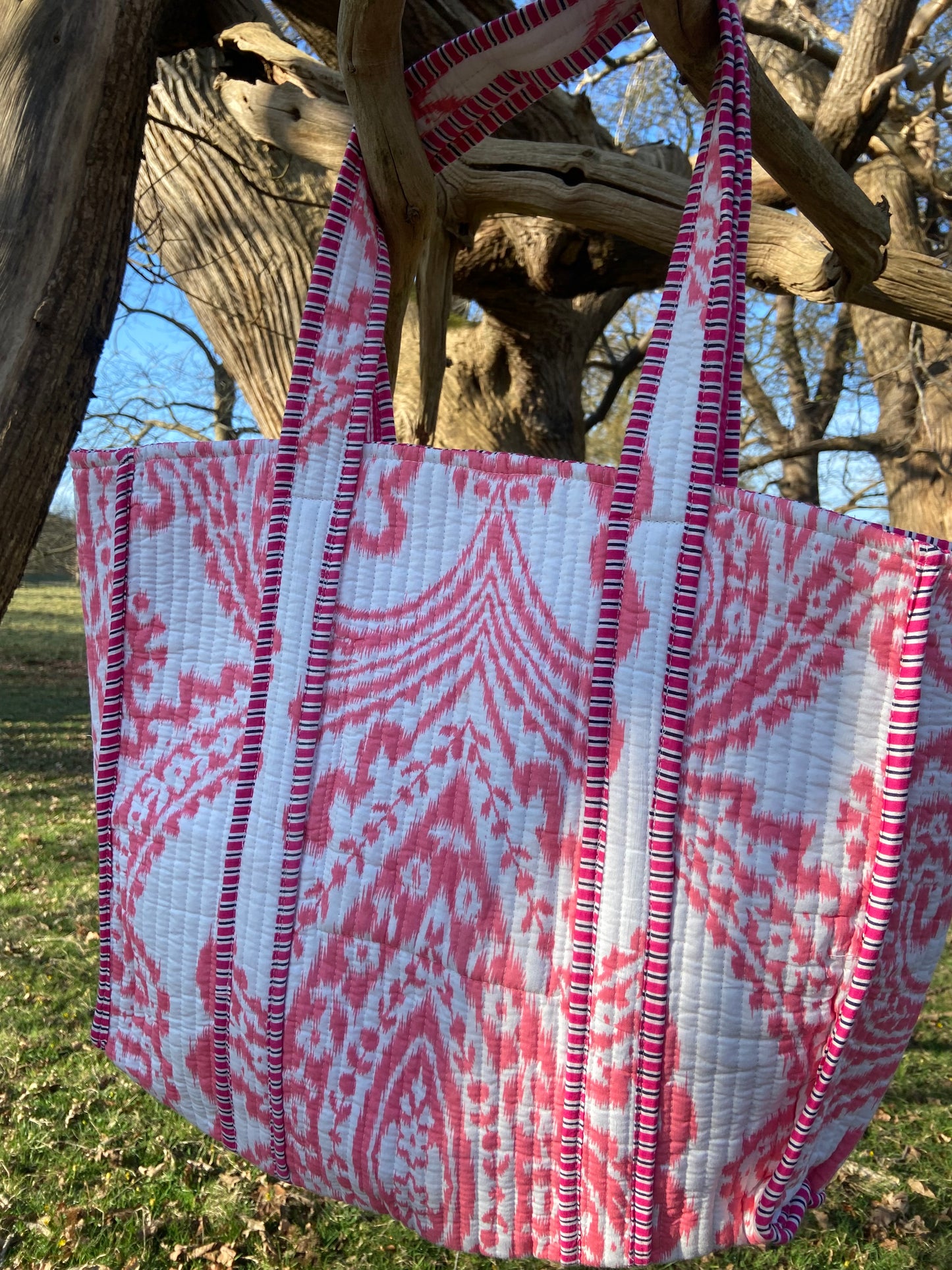 Pretty Pink totes. Animal print,English rose or Ikat. 100% cotton. Washable and so versatile. Beach,gym,work or college.