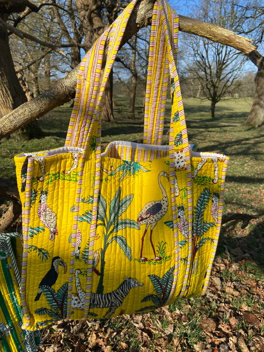 Vivid and vibrant YELLOW tote bags. Yellow is for happiness,energy and joy.Jungle print or green and yellow stripe with tigers. Cotton,washable and fun
