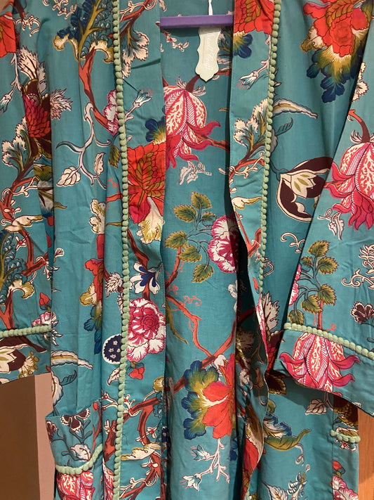 Begonia. Teal cotton dressing gown.