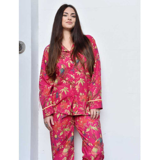 Pyjamas for women. Exotic design of birds and flowers on vibrant pink background. Trimmed with yellow and tiny Pom poms. colourful pyjamas, pyjama set for women, patterned pyjamas for women, ladies pyjama, womens nightwear, womens sleepwear, cotton pyjamas, colourful pyjamas for women, colourful womens sleepwear, cotton pyjama set, 100% cotton, cotton pjs, womens PJs