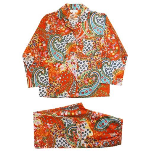 Bright orange, cotton pjs with light blue paisley design. Elasticated waist and covered buttons on ladies pyjama top. Bold and beautiful for autumn and winter. Wonderful present for the special person in your life!  Gift wrapped to save you the hassle. Traditional style 100% cotton Long sleeves and trousers  Elasticated waist sizes S/M = 10/12 and M/L = 14/16 Trousers are 27 “ on the S and M and 28” on the L.