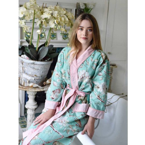 cotton Dressing gown. Mint blossom print with pink trim and pink Pom poms. Perfect to take on holiday, lightweight. dressing gown, ladies dressing gown, dressing gown for women, kimono dressing gown, colourful womens sleepwear, 100% cotton, cotton dressing gown, cotton house coat, Kimono