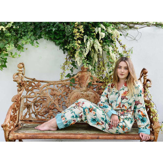 womens pyjamas, printed with beautiful birds and exotic flowers, blue trim and pom-poms. 100% lightweight cotton. Traditional style. Long sleeves colourful pyjamas, pyjama set for women, patterned pyjamas for women, ladies pyjama, womens nightwear, womens sleepwear, cotton pyjamas, colourful pyjamas for women, colourful womens sleepwear, cotton pyjama set, 100% cotton, cotton pjs, womens PJs