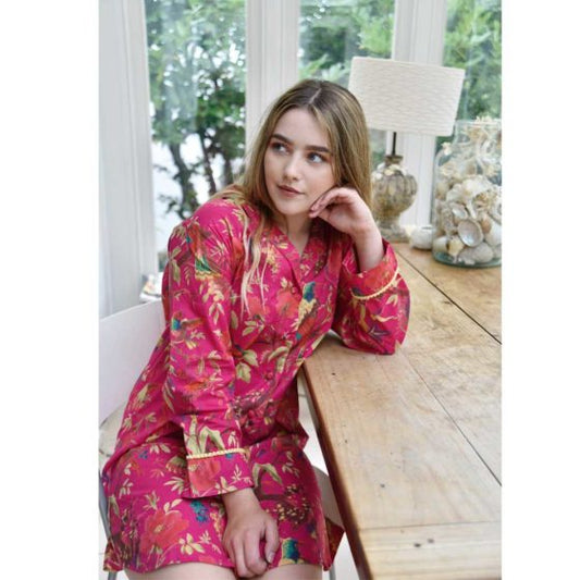 Judy cotton Nightshirt. Fuchsia pink with an Exotic design of birds and flowers. pink cotton nightshirt, oversize shirt, beautiful nightdress for women, nighties, nightdresses, womens nightwear, womens sleepwear, pink colourful cotton womens sleepwear, 100% cotton