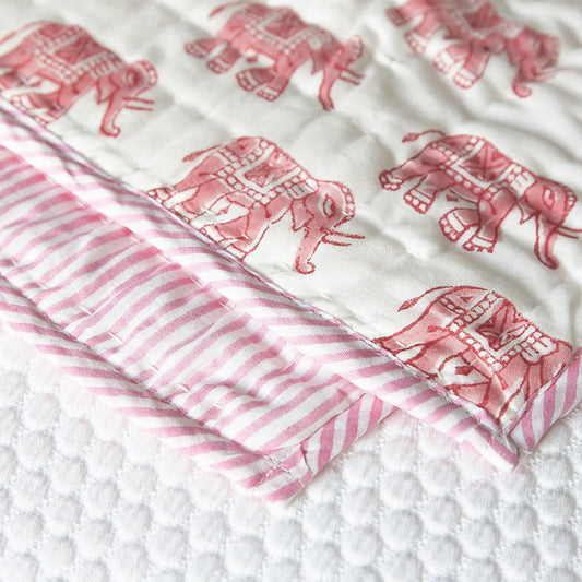 Baby quilt, quilt for babies. Our 100% hand block printed cotton baby quilts are perfect for bed time, play time, on the beach or for a picnic Colour: Pink elephant with pink  striped reverse., Rowan Charles, Baby Play mat, Play mats for baby girl