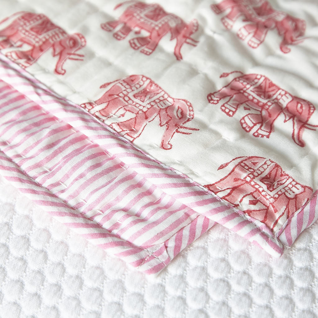 Baby quilt, quilt for babies. Our 100% hand block printed cotton baby quilts are perfect for bed time, play time, on the beach or for a picnic Colour: Pink elephant with pink  striped reverse., Rowan Charles, Baby Play mat, Play mats for baby girl