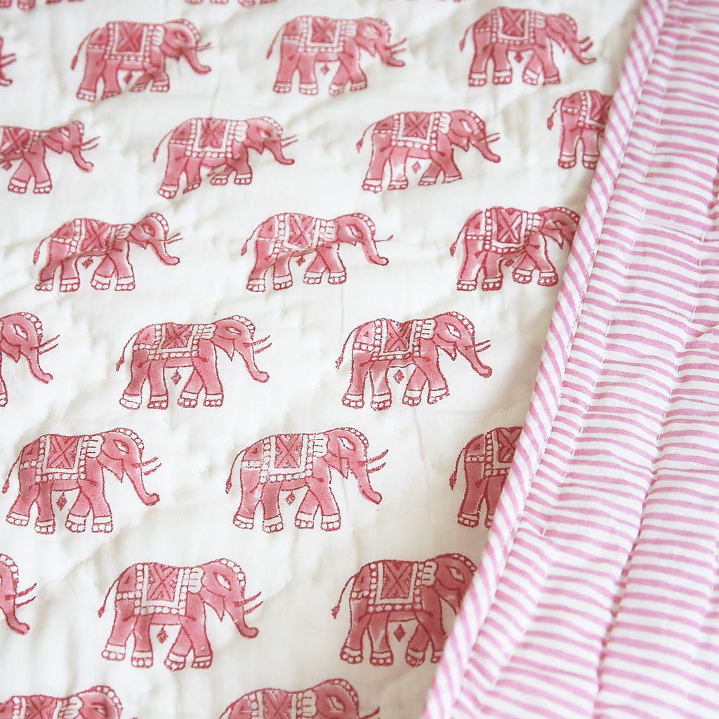 Baby quilt, quilt for babies. Our 100% hand block printed cotton baby quilts are perfect for bed time, play time, on the beach or for a picnic Colour: Pink elephant with pink  striped reverse., Rowan Charles, Baby Play mat, Play mats for baby girl