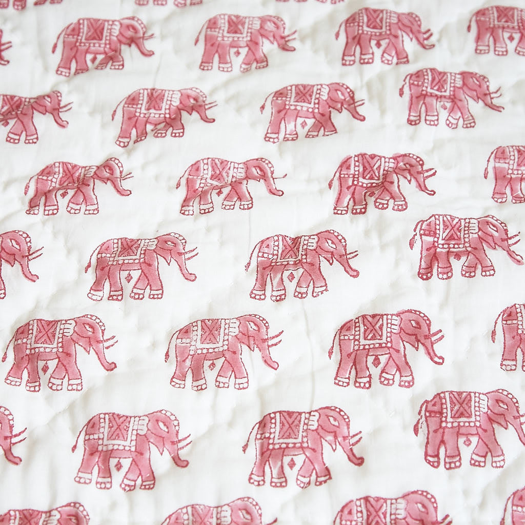 Pink elephants, Baby quilt, quilt for babies. Our 100% hand block printed cotton baby quilts are perfect for bed time, play time, on the beach or for a picnic Colour: Pink elephant with pink  striped reverse., Rowan Charles, Baby Play mat, Play mats for baby girl