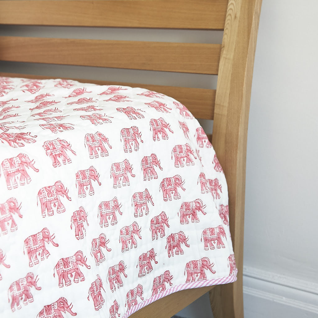 Baby quilt, quilt for babies. Our 100% hand block printed cotton baby quilts are perfect for bed time, play time, on the beach or for a picnic Colour: Pink elephant with pink  striped reverse., Rowan Charles, Baby Play mat, Play mats for baby girl