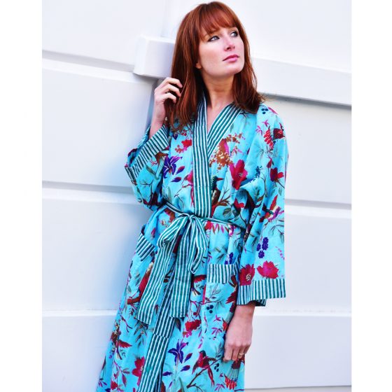 Ladies turquoise kimono style dressing gown with bird and floral printed in exotic pink.ladies dressing gown, dressing gown for women, kimono dressing gown, colourful womens sleepwear, 100% cotton, cotton dressing gown, cotton house coat, Kimono