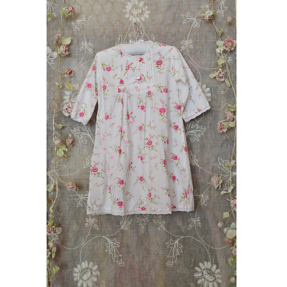 Tilly, Fresh white cotton nightdress with pretty pink flowers and embroidery. Pretty rose print. Long sleeves 100% cotton Lace trim, White cotton beautiful nightdress for girls, nighties, nightdresses, childrens nightwear, kids sleepwear, white cotton girls sleepwear, pink flowers nightie for girls, girls white nightdress