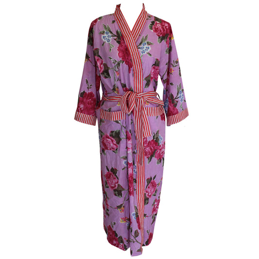 Dressing gown. Lilac background with bright pink floral design trimmed with red and white stripe. Perfect for holidays, womens nightwear, womens sleepwear, ladies dressing gown, dressing gown for women, kimono dressing gown, Beautiful soft 100% cotton, colourful womens sleepwear, dressing gown, ladies dressing gown, dressing gown for women, kimono dressing gown, colourful womens sleepwear, cotton dressing gown, cotton house coat, Kimono