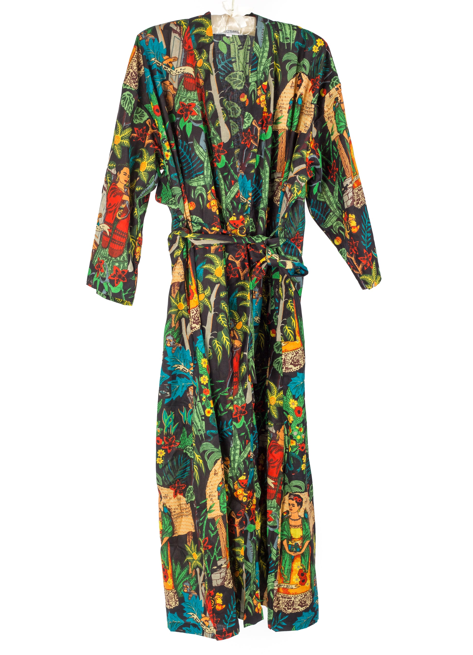 Frida.100% cotton kimono style dressing gown. Black background but printed vibrant colours. Whacky design. Monkeys, parrots, and Frida Kahlo, the iconic Mexican artist. ladies dressing gown, dressing gown for women, kimono dressing gown, colourful womens sleepwear, cotton dressing gown,