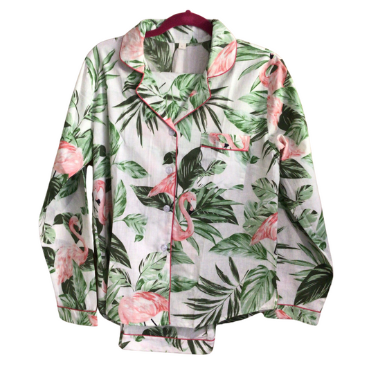 Flamingo Pyjamas for women. Tropical print with jungle leaves and flamingos with white background and pink trim. colourful pyjamas, pyjama set for women, patterned pyjamas for women, ladies pyjama, womens nightwear, womens sleepwear, cotton pyjamas, colourful pyjamas for women, colourful womens sleepwear, cotton pyjama set, 100% cotton, cotton pjs, womens PJs