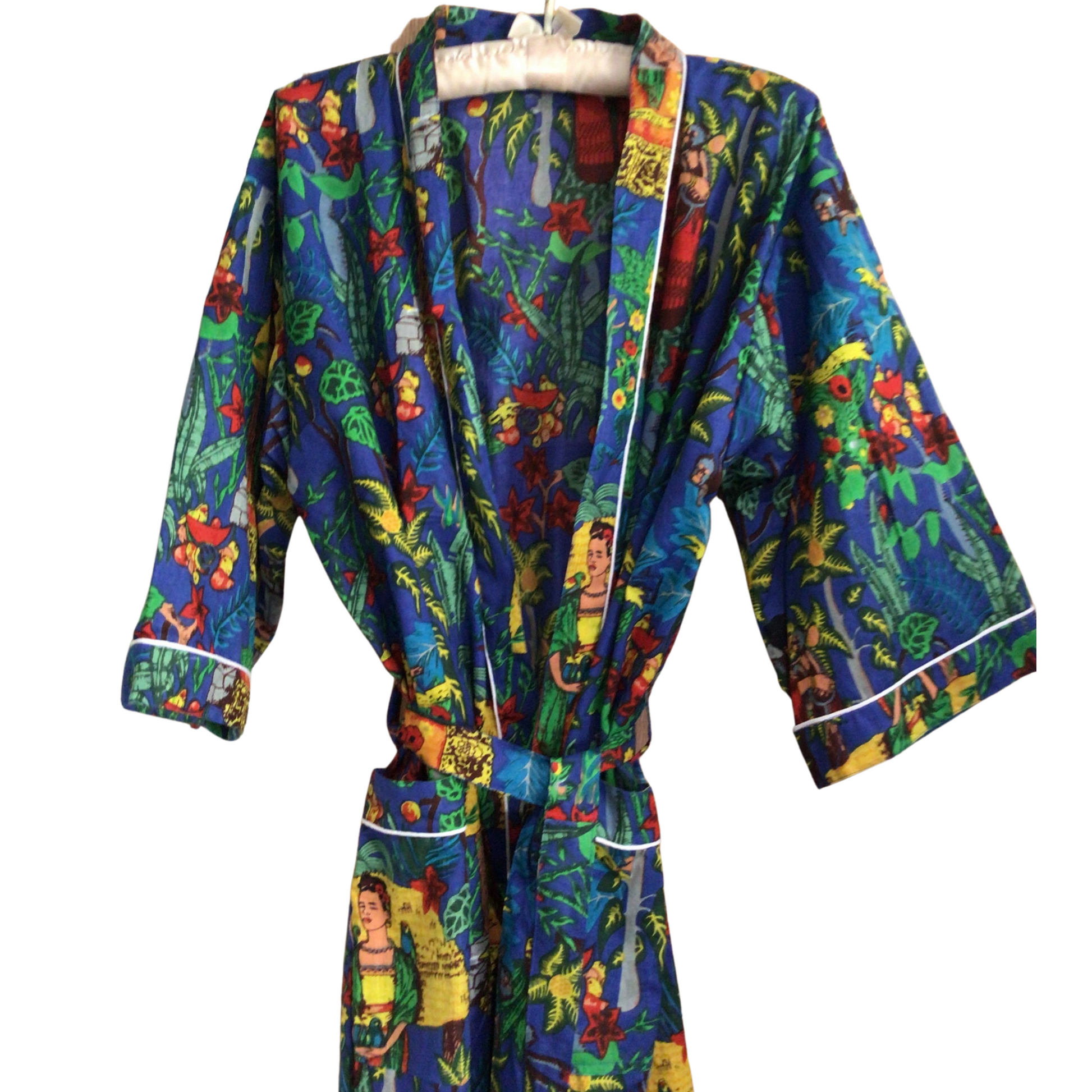 Frida.100% cotton kimono style dressing gown. Blue background, printed vibrant colours. Whacky design. Monkeys, parrots, and Frida Kahlo, the iconic Mexican artist. ladies dressing gown, dressing gown for women, kimono dressing gown, colourful womens sleepwear, cotton dressing gown,