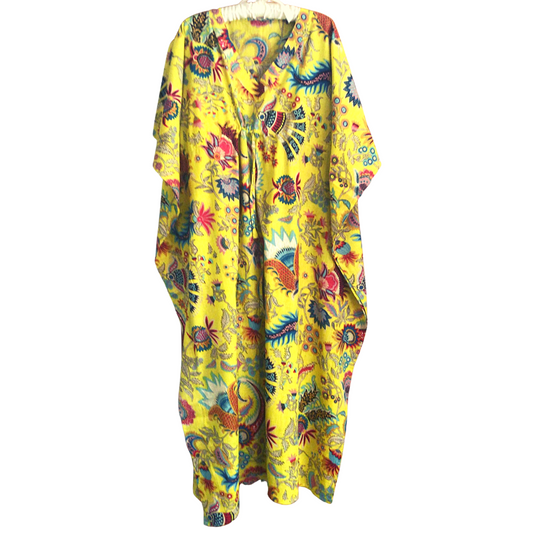 Beautiful yellow floral colour kaftan, floral summer dress, boho design summer outfit, kaftan with flowers design, yellow kaftan, long kaftan in bright yellow colour