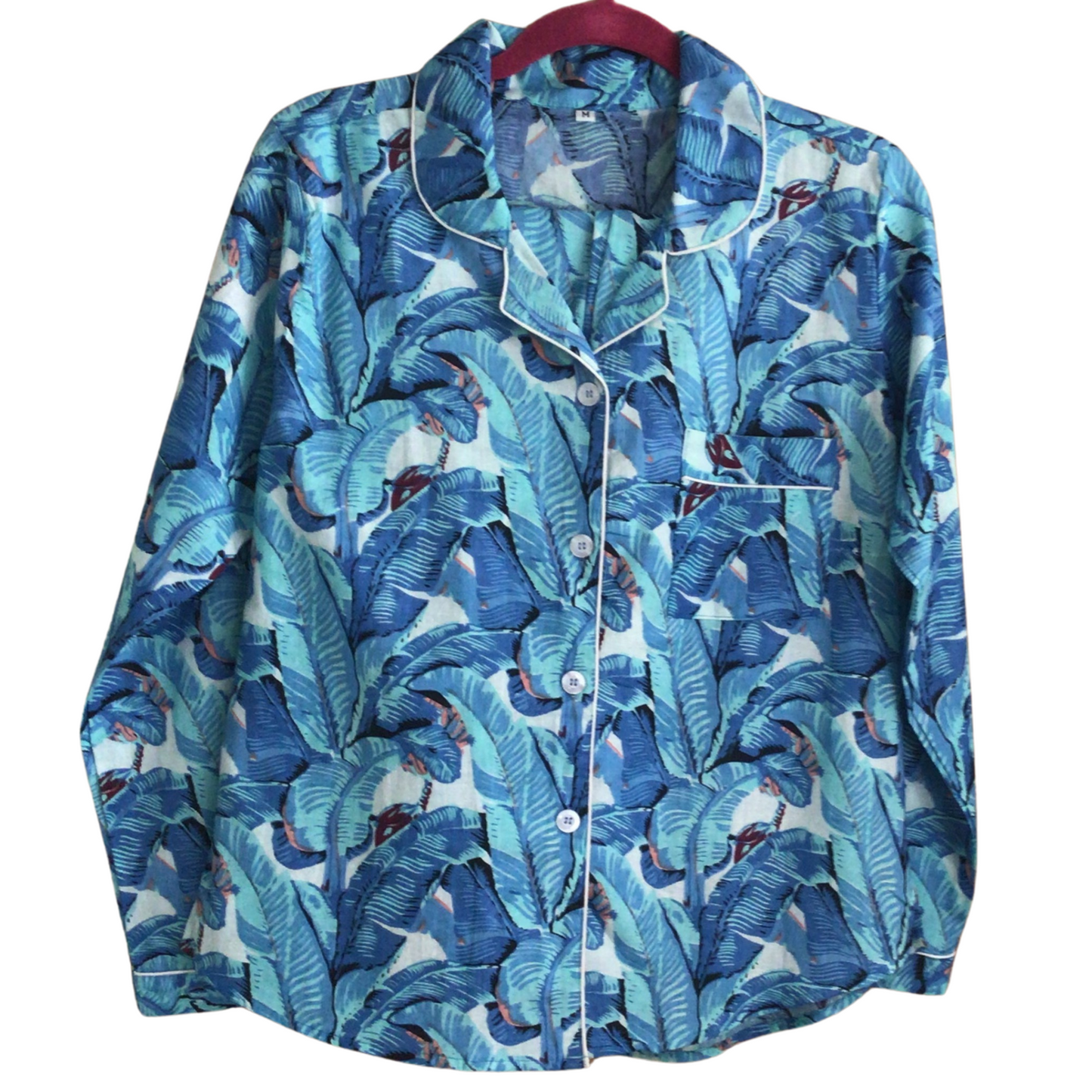 Stunning Blue leaves patterned dressing gown in a Tropical design Traditional Style 100% cotton gift wrapped pjs, Pyjamas for women, pyjama set for women, patterned pyjamas for women, ladies pyjama, womens nightwear, womens sleepwear, cotton pyjamas, colourful pyjamas for women, colourful womens sleepwear, cotton pyjama set, 100% cotton, cotton pjs, blue patterned pyjamas