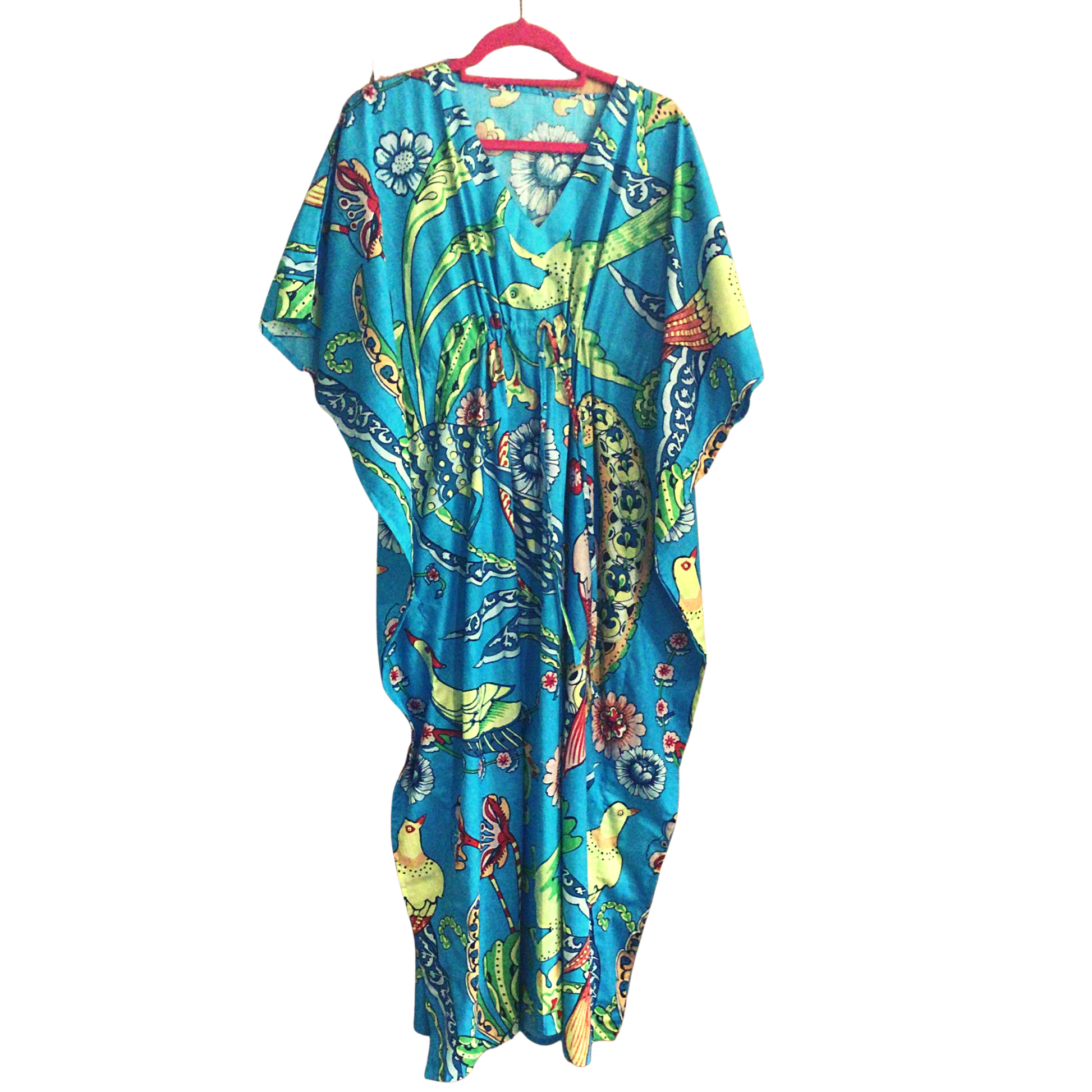 blue kaftan, floaty summer dress, relaxed dress, gorgeous blue kaftan, Vivid blue kaftan. Exotic pattern and birds from the tropics. Cool, comfortable and sophisticated style. Ideal for summer days and lounging around the house or in the garden. 100% cotton
