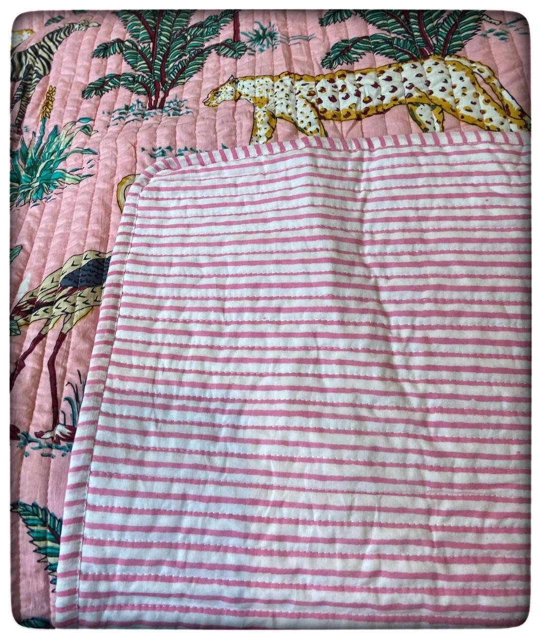 Pink Jungle Animal Print, Zebra, Leopards & Palm Tree Baby Quilt