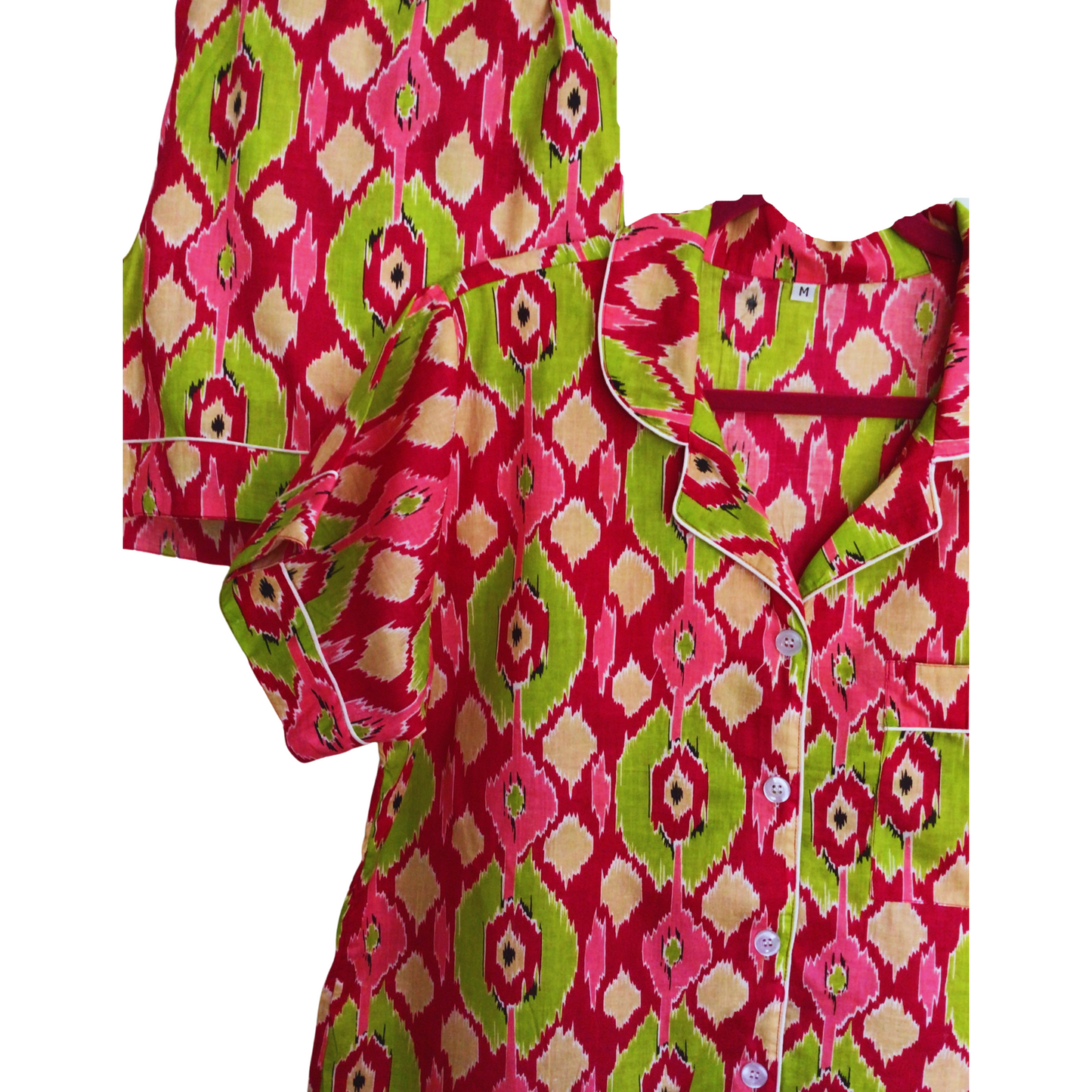 pink pyjamas, pink shorts pjs, bright pink pyjamas, Luxury loungewear, 100% fine cotton pjs. Fuschia pink and Zingy lime green Ikat ladies pjs Classic pyjama styling. Short sleeves and shorts with Elasticated waist. Presented in a beautiful cloth gift bag, nightwear made from hand-printed cotton. Fab gifts for women