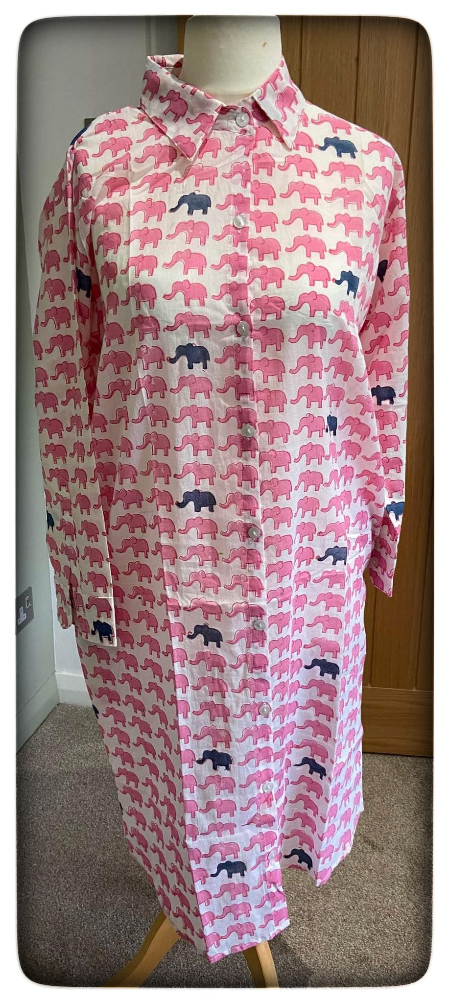 Elephant Animal Print Grandad Collar Long Sleeve Nightshirt