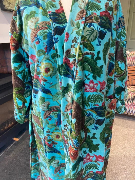 HONOLULU Vivid turquoise, emblazoned with mischievous monkeys Dressing Gown